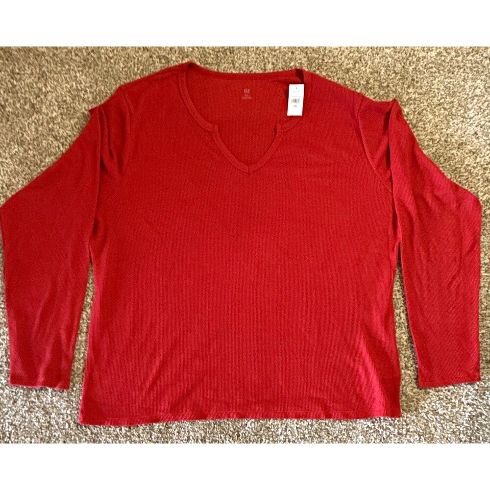 GAP Women's Red Waffle Knit Stretch V-Neck Long Sleeve Top 2XL